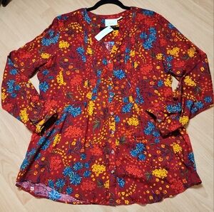NWT Maeve Anthropologie Red Floral Button Pintuck Blouse Top Roll Tab Sleeves XL